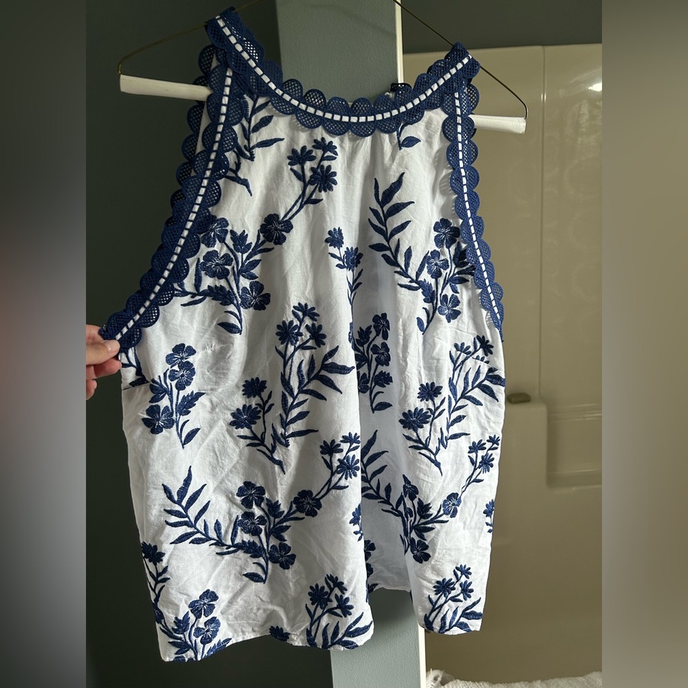 Ann Taylor Blue Floral Scallop Neck Top